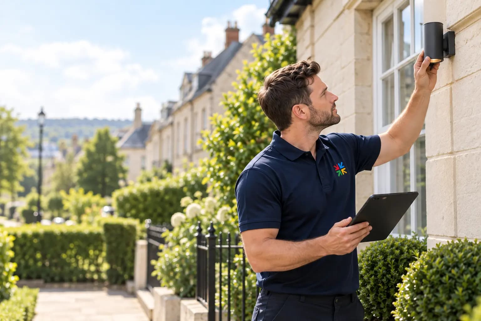 HMD property maintenance engineer inspecting the exterior of a Cheltenham home